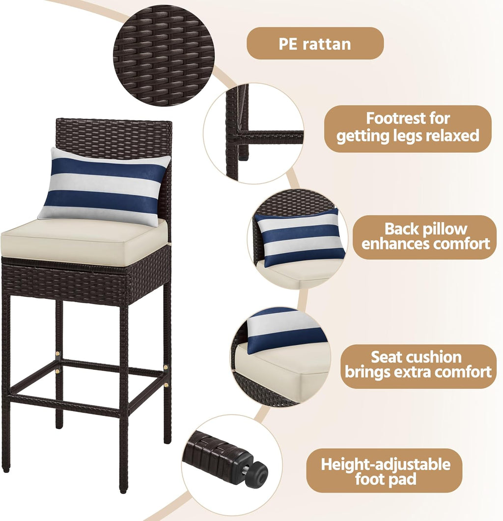 Yaheetech Set of 4 Patio Bar Stools, Outdoor PE Rattan Bar Height Chairs with Cushions & Footrests & Backrest for Indoor/Outdoor/Backyard/Porch, Max.Load 300Lb, Brown/Beige
