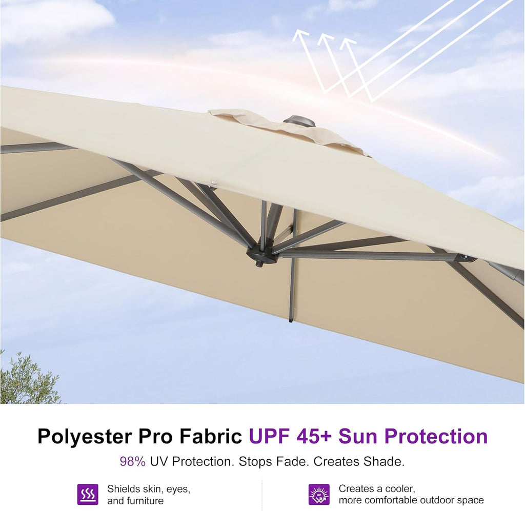 PURPLE LEAF 9' X 11.5' Patio Umbrella with Base Outdoor Cantilever Rectangle Umbrella Offset Umbrella with 360-degree Rotation for Garden Deck Pool Patio, Beige