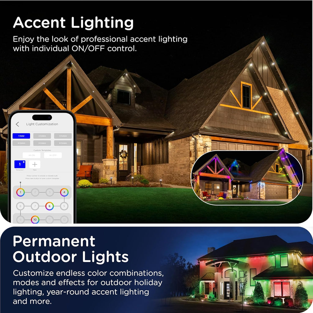 Enbrighten Eternity Permanent Outdoor Lights, 100ft with 72 RGBWIC LED Lights, App‑Controlled, Cuttable, Christmas, Accent & Year‑Round Eave Lighting, Works with Alexa & Google Home, 81103