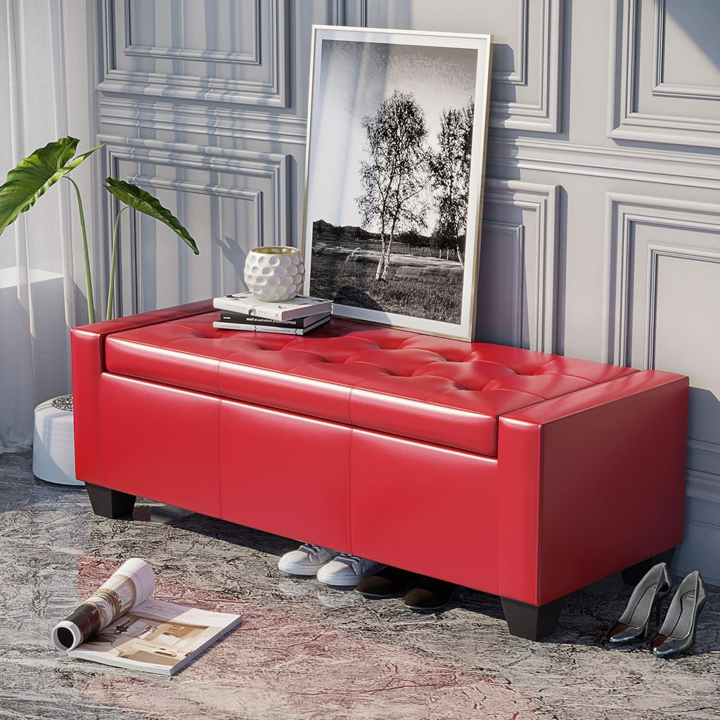 HOMCOM 51" Ottoman with Storage, Storage Ottoman Bench with Safty Hinge, Faux Leather Upholstered Entryway Bench with Seating for Living Room, Bedroom, Holds up to 330 lb, Bright Red
