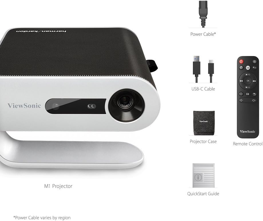 ViewSonic M1 Portable Projector with Dual Harman Kardon Speakers, HDMI, USB C and Built-in Battery (Renewed)