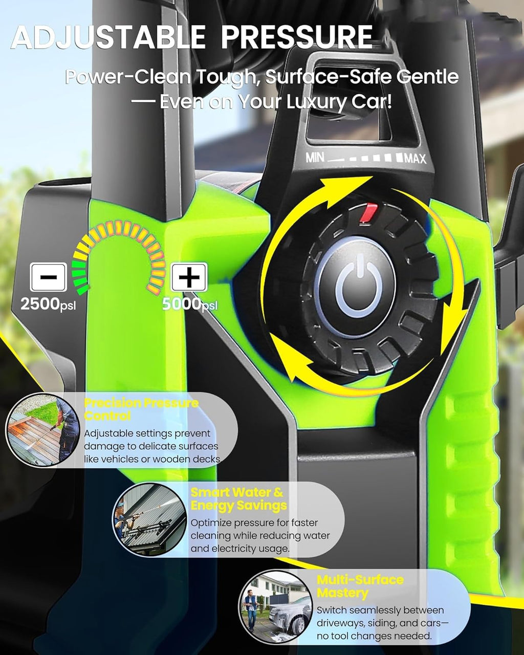 Electric Pressure Washer,5000 PSI 3.9GPM Adjustable Pressure,Power Washer Electric Powered with Foam Cannon,4 Nozzle,33FT Hose and Soap Bottle for Home/Cars/Fences (Green)