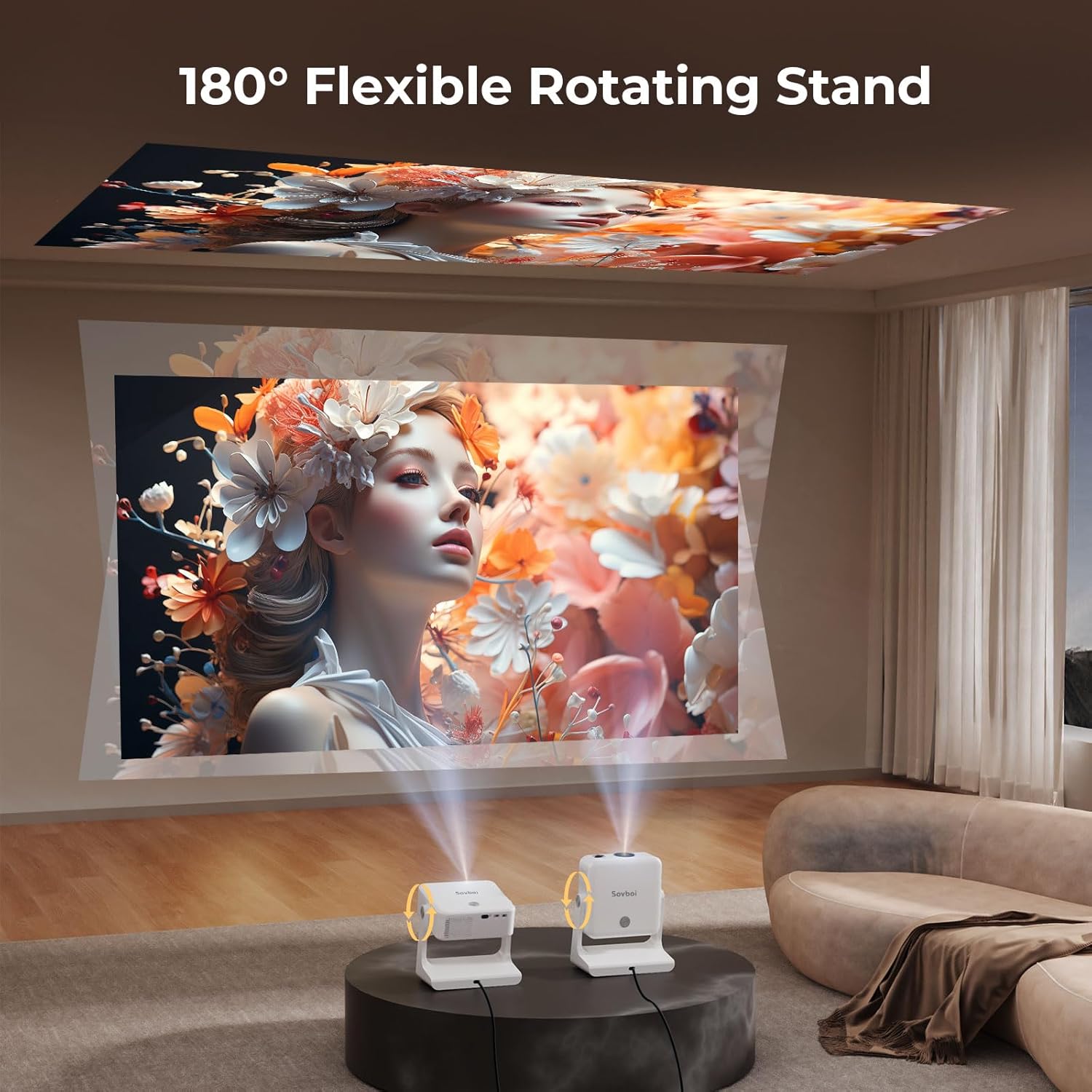 Outdoor-Projector-4K Built-in Google TV/180°Rotatable Stand/Voice Control/E-Focus,Sovboi Smart-Movie-Projector with WiFi6 and Bluetooth, 2500 Brightness Portable-Proyector for 10,000+ Streaming Apps