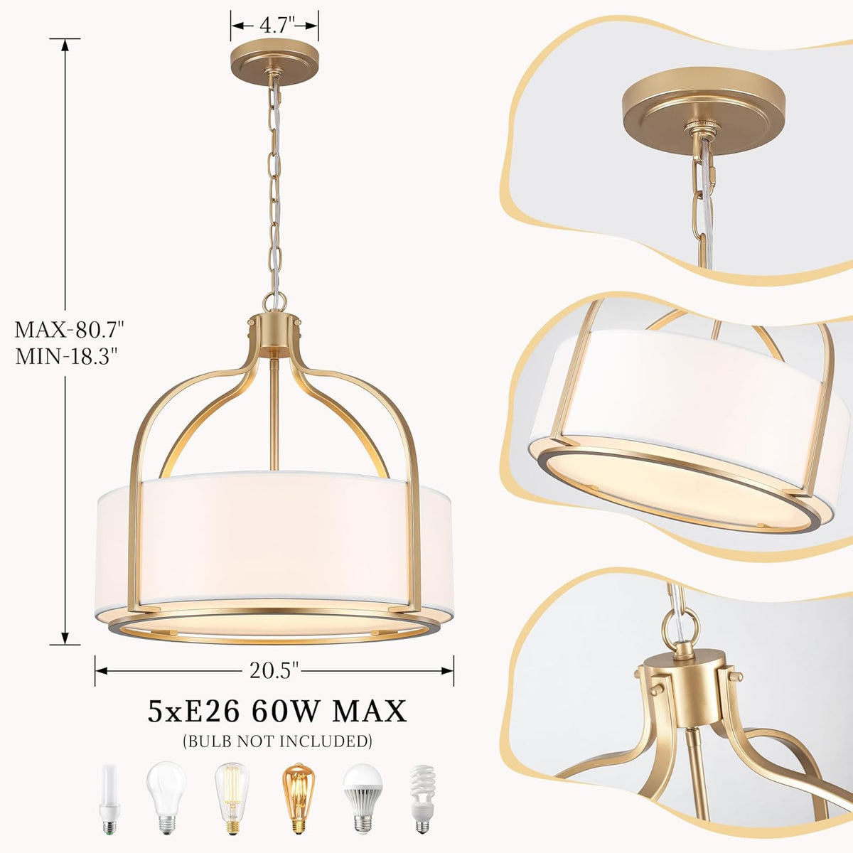 20.5'' Gold Drum Chandelier Light Fixture, 5-Light Large Modern Farmhouse Chandeliers for Dining Room Gold Drum Hanging Pendant Light with White Fabric Shade for Kitchen Living Room Foyer Bedroom