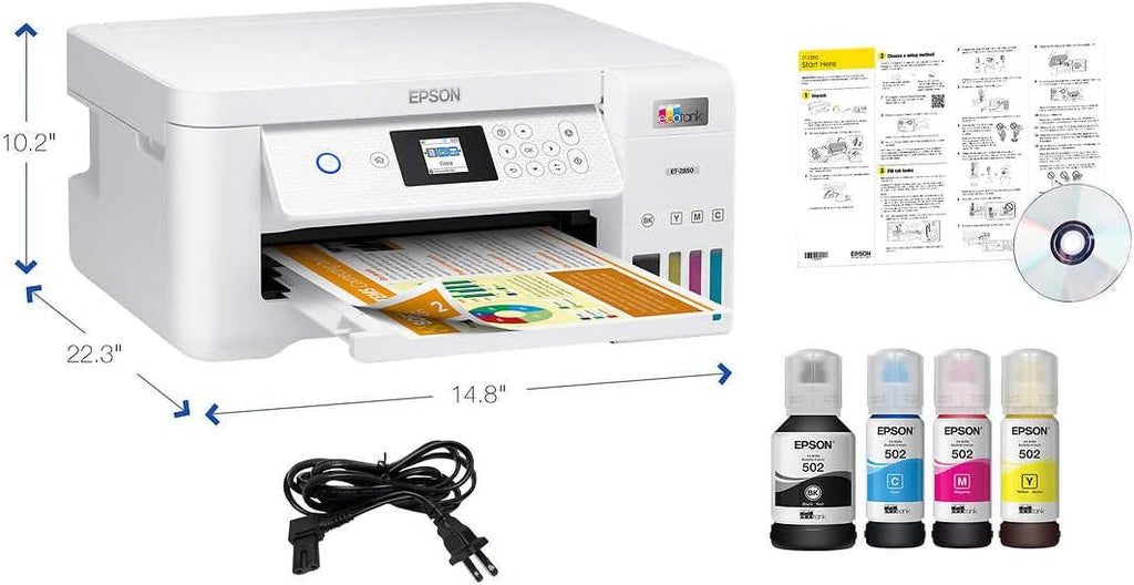 Epson EcoTank ET-2850L Wireless Color All-in-One Printer, Print Scan Copy, 1.44" Color Display, Auto-Duplex Printing, Up to 10.5 PPM, 1200X2400 DPI with Bonus Black Ink Bottle and Printer Cable