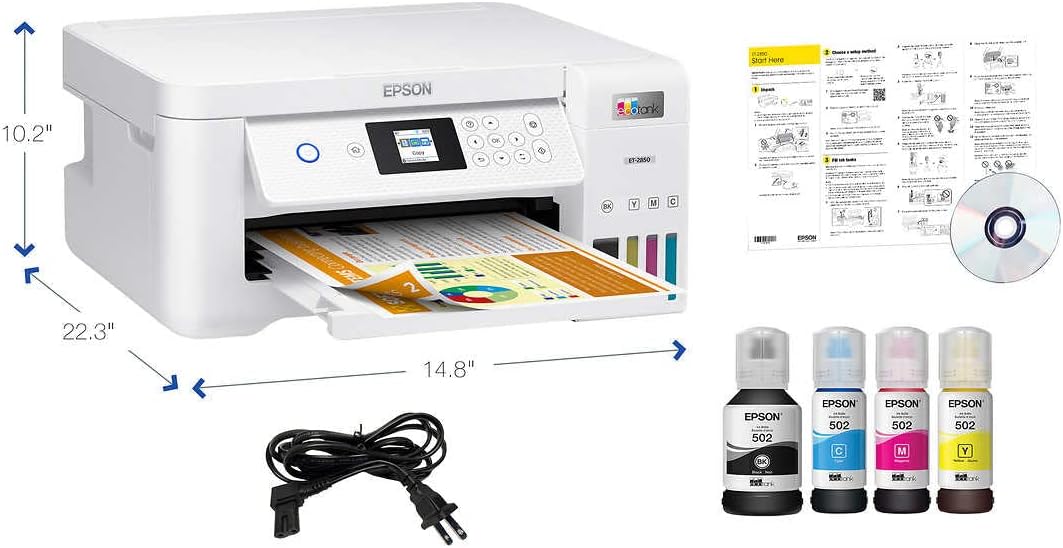 Epson EcoTank ET-2850L Wireless Color All-in-One Printer, Print Scan Copy, 1.44" Color Display, Auto-Duplex Printing, Up to 10.5 PPM, 1200X2400 DPI with Bonus Black Ink Bottle and Printer Cable