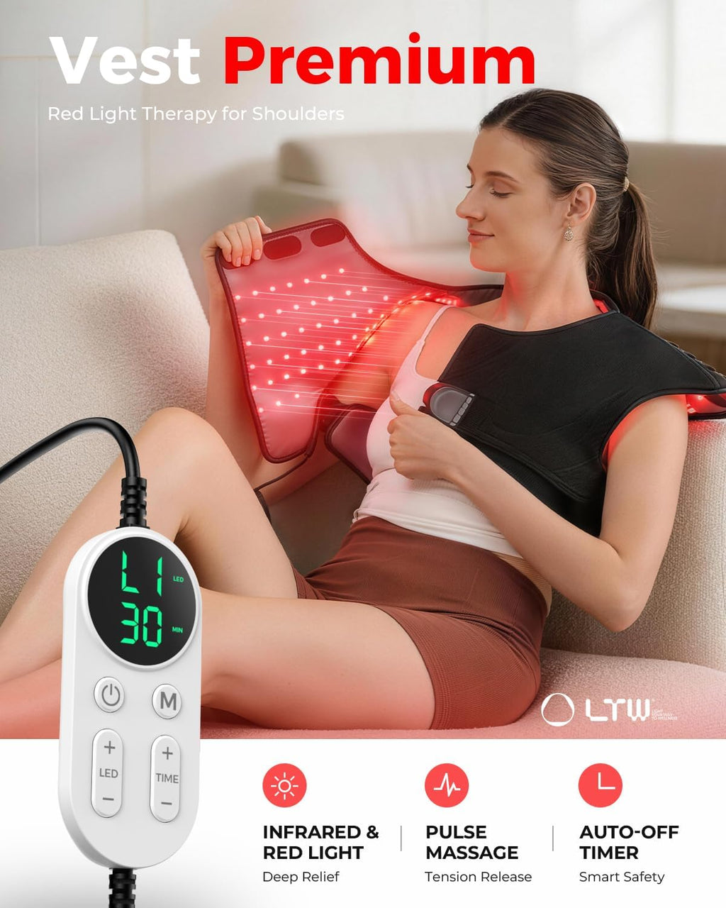 Red Light Therapy for Neck and Shoulder, 290 LEDs 660nm & 850nm Infrared Red Light Therapy Neck and Shoulder Heating Pad, 5-Level Light Intensities & 4-Level Pulse Wearable Wrap