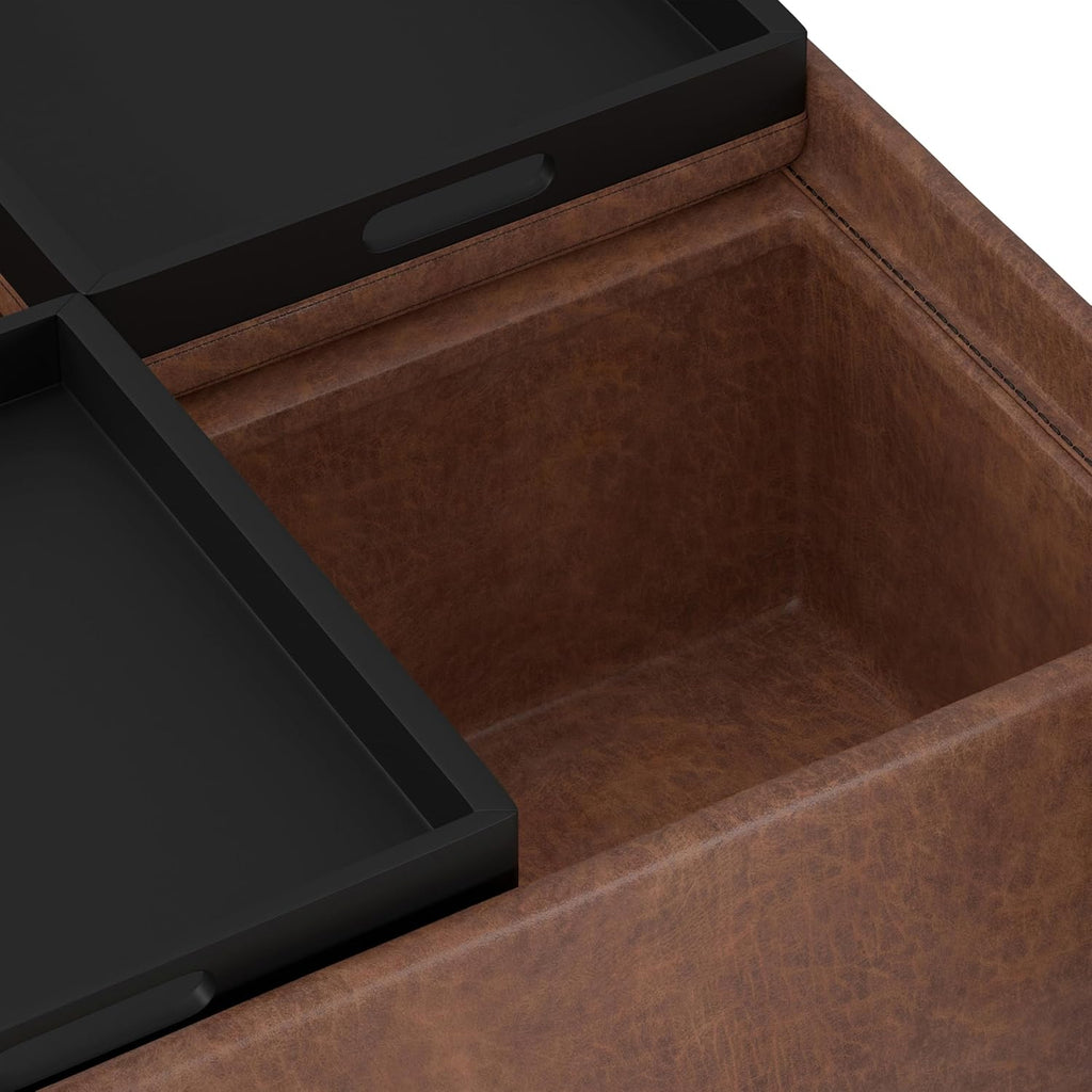 SIMPLIHOME Avalon Wide Contemporary Square Coffee Table Storage Ottoman, Distressed Umber Brown, Table Ottoman