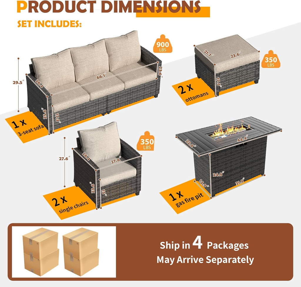 UDPATIO Patio Furniture Set with 44" Fire Pit Table, 6 Pieces Outdoor Sectional Conversation Sets, All-Weather Wicker Rattan Sofa Ottoman with 4" Thick Cushion for Garden Backyard Deck, Khaki