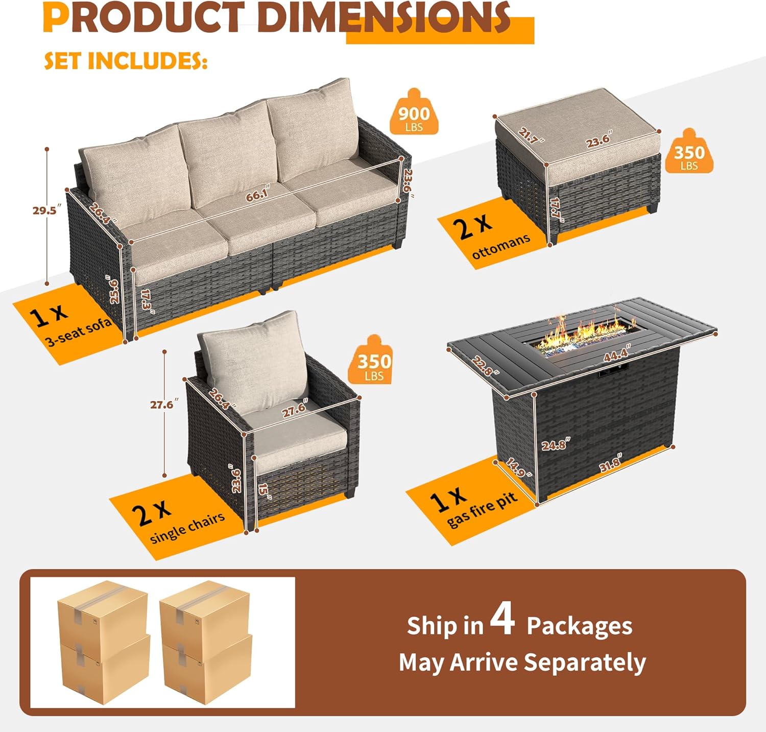 UDPATIO Patio Furniture Set with 44" Fire Pit Table, 6 Pieces Outdoor Sectional Conversation Sets, All-Weather Wicker Rattan Sofa Ottoman with 4" Thick Cushion for Garden Backyard Deck, Khaki