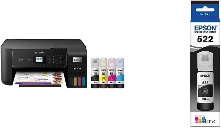 Epson EcoTank ET-2800 Wireless Color All-in-One Cartridge-Free Supertank Printer, Black, Medium & T522 EcoTank Ink Ultra-high Capacity Bottle Black (T522120-S)