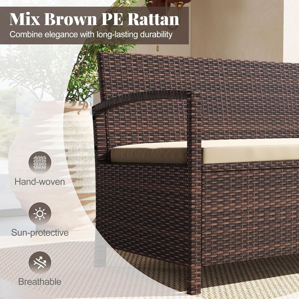 Tangkula 42 Gallon Outdoor Bench with Storage, Outdoor PE Rattan Storage Bench with Cushion, Backrest & Acacia Wood Armrests, Metal Frame, Waterproof Deck Box Seat for Porch Backyard Poolside