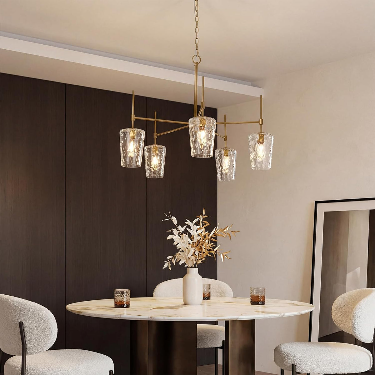 Tribesigns Modern Gold Chandelier with Water Ripple Wine Glass Shades, 5-Light Pendant Light with Adjustable Height for Dining Room, Kitchen Island, Living Room, E12 Base