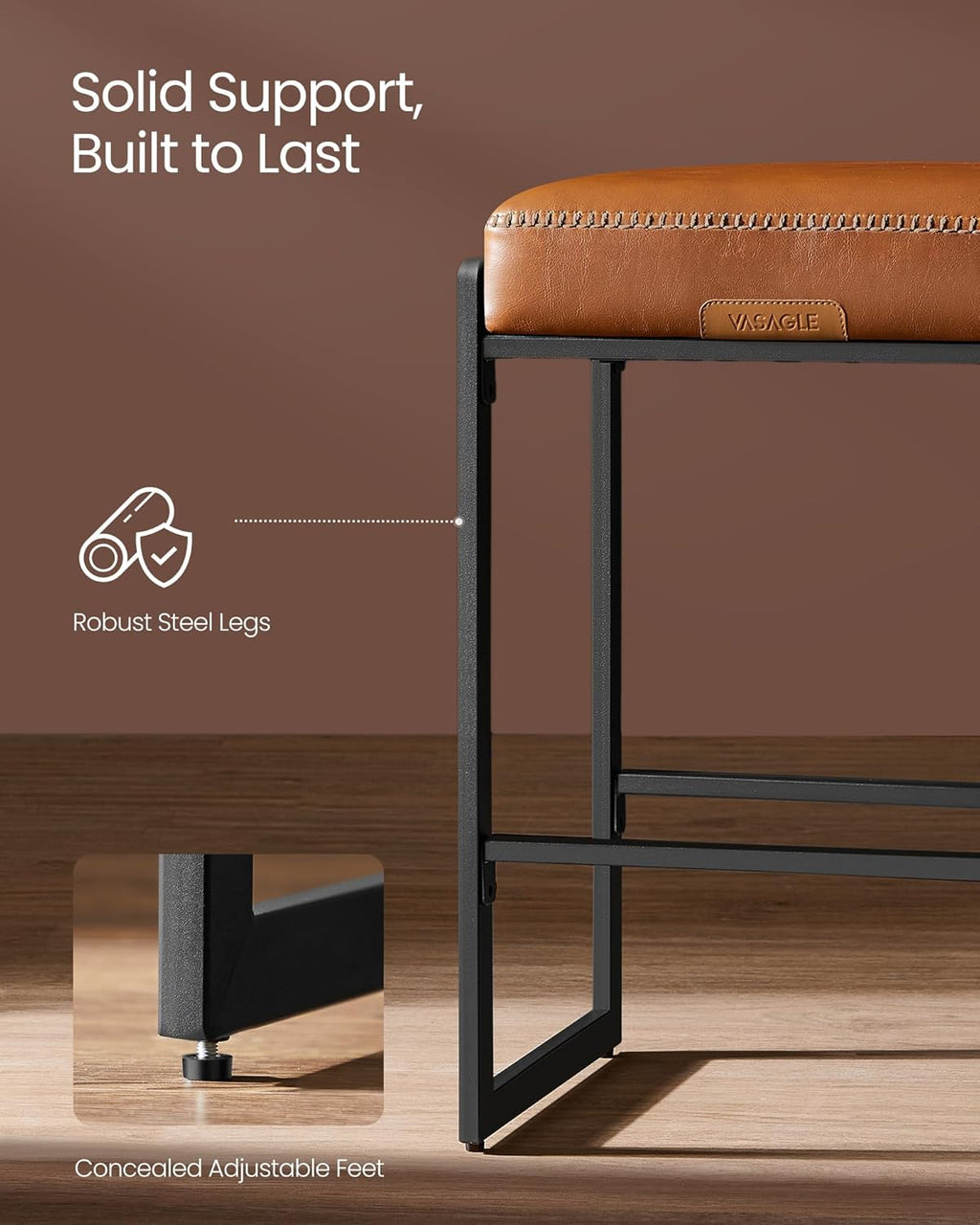 VASAGLE EKHO Collection - Bar Stools Set of 4, Counter Height Bar Stools, Synthetic Leather with Stitching, Mid-Century Modern Counter Stools, 26-Inch Tall, Kichen Home Bar Dining Room, Caramel Brown