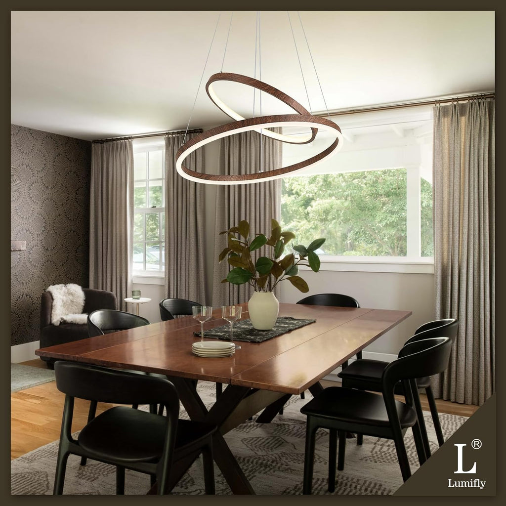 2 Rings Chandelier Modern LED Pendant Light for Dining Room Circular Round Chandelier Dimmable with Remote Wood Grain Hanging Ceiling Lights for Entryway Bedroom, 20 Inches 3000K-6500K