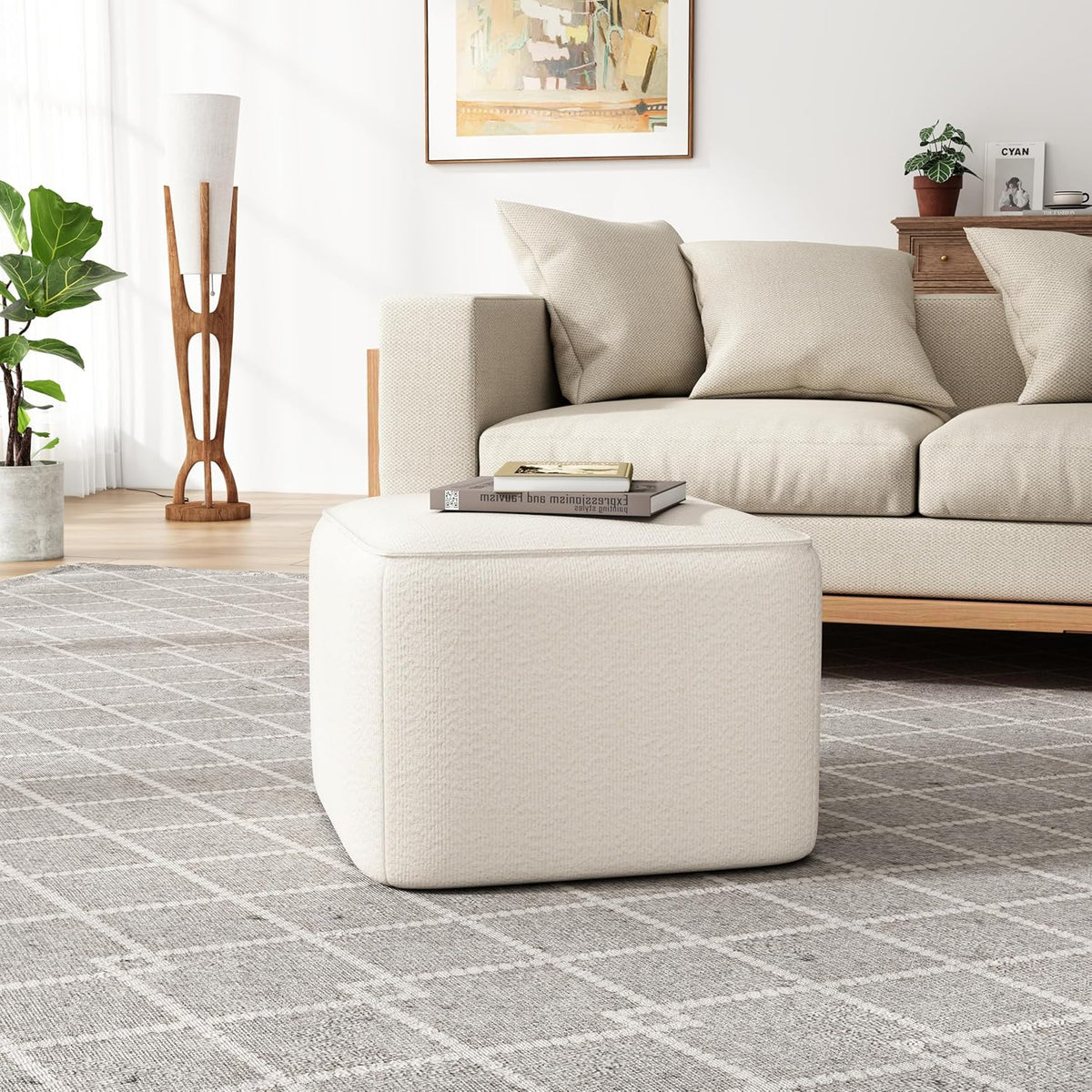 Christopher Knight Home Isa Boucle Pouf Ottoman Foot Rest, Square Fabric Pouffe Ottoman Footstool, Living Room Sofa Couch Extra Seat, Modern Coffee Table for Home Office Bedroom Home Décor, White