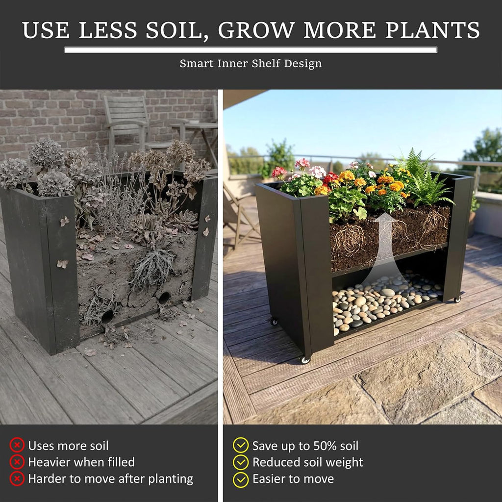 Metal Planter Box with Wheels, 36" Large Rolling Outdoor Planter with Drainage & Removable Shelf, Rectangular Planter Raised Garden Bed for Patio, Balcony, Porch & Backyard, Black