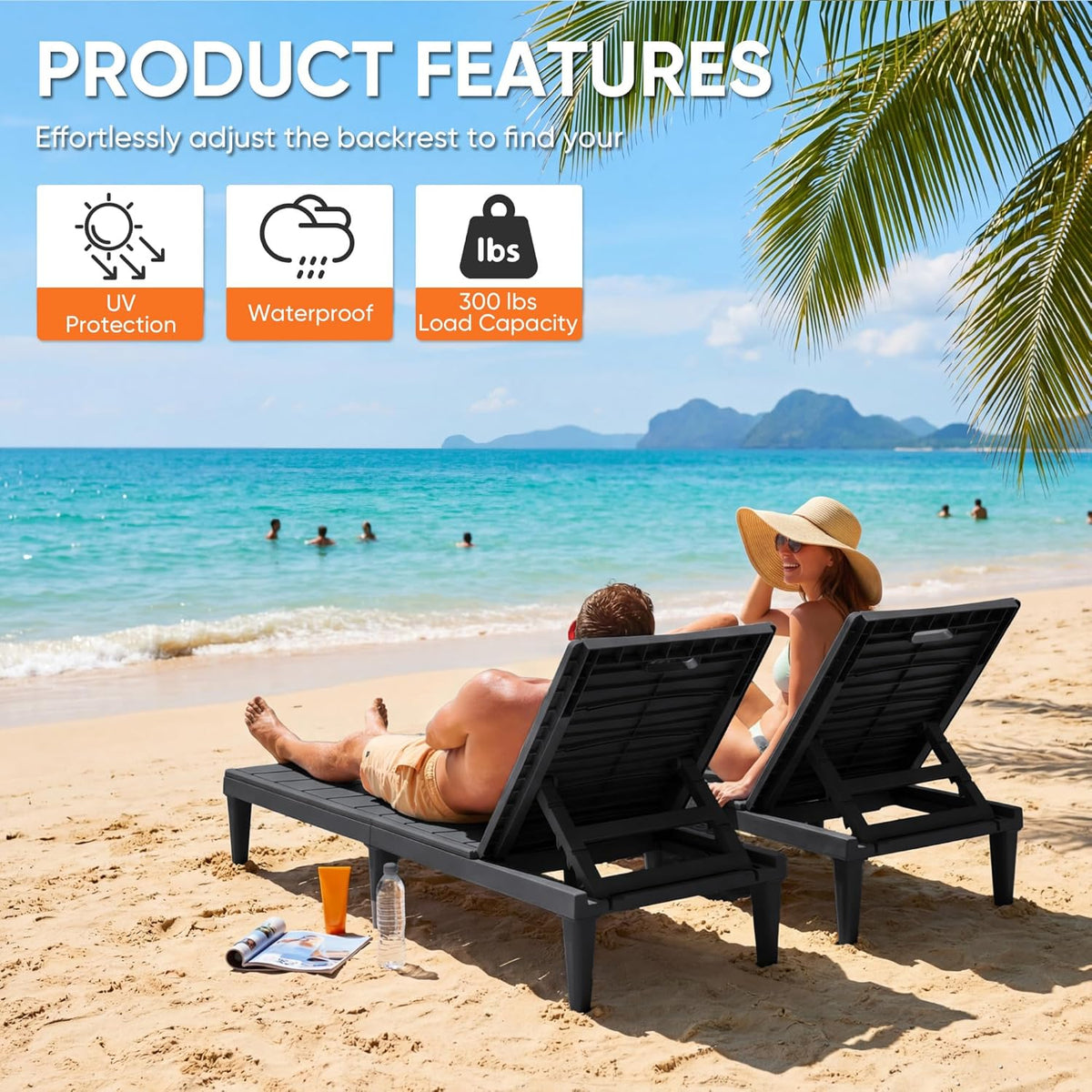 Homall Patio Chaise Lounge Chairs Set of 2, Outdoor Lightweight Lounge Chairs, 5 Position Adjustments Backrest for Outside Pool, Garden, Patio and Beach, Black
