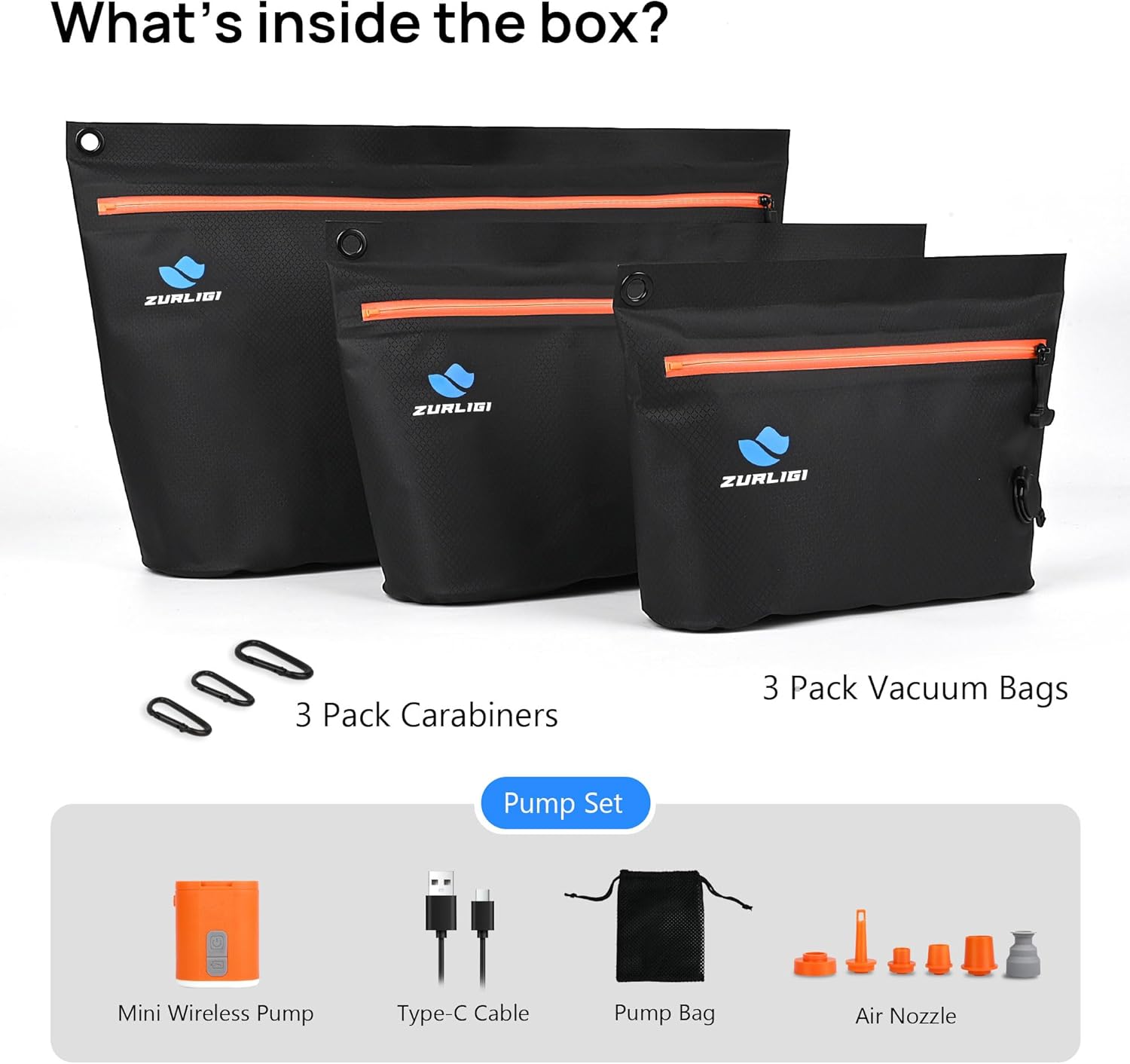 Zurligi Travel Vacuum Bags with Pump, 3 Pack IPX8 Waterproof Reusable & Attachable Vacuum Seal Bags for Clothing, Space Saver for Underwear & Essentials, Suitable for Carry-On Luggage