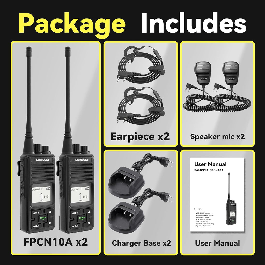 SAMCOM FPCN10A Long Range Two Way Radio with Waterproof Speaker Mic - Heavy Duty Walkie Talkies, 20 Channels UHF Radios, 3000mAh Battery for Construction Site, School Security & Warehouse(2-Pack)