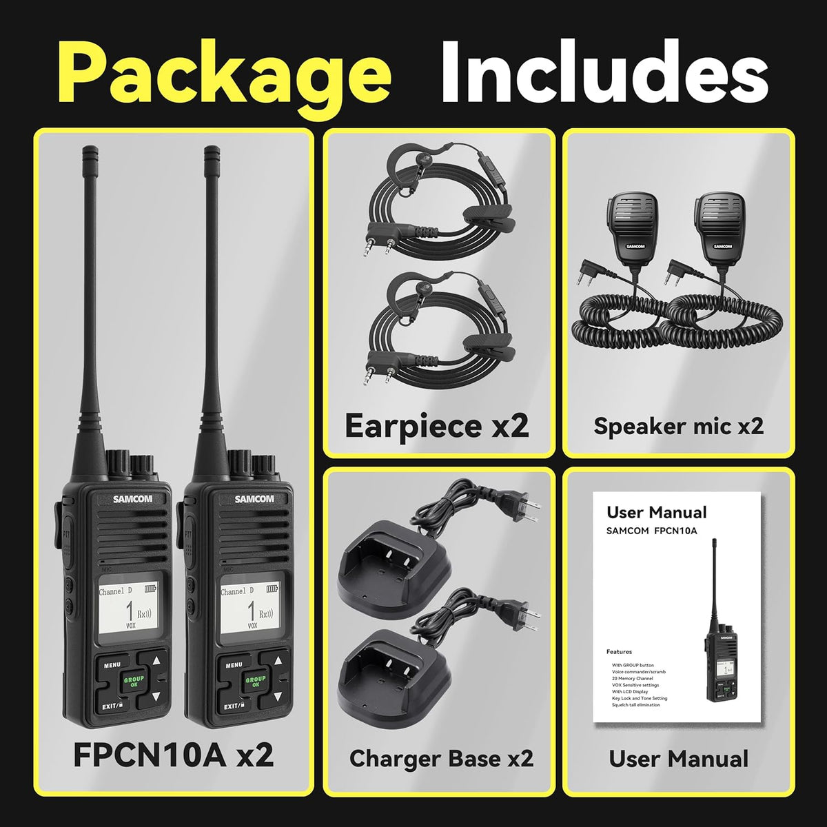 SAMCOM FPCN10A Long Range Two Way Radio with Waterproof Speaker Mic - Heavy Duty Walkie Talkies, 20 Channels UHF Radios, 3000mAh Battery for Construction Site, School Security & Warehouse(2-Pack)