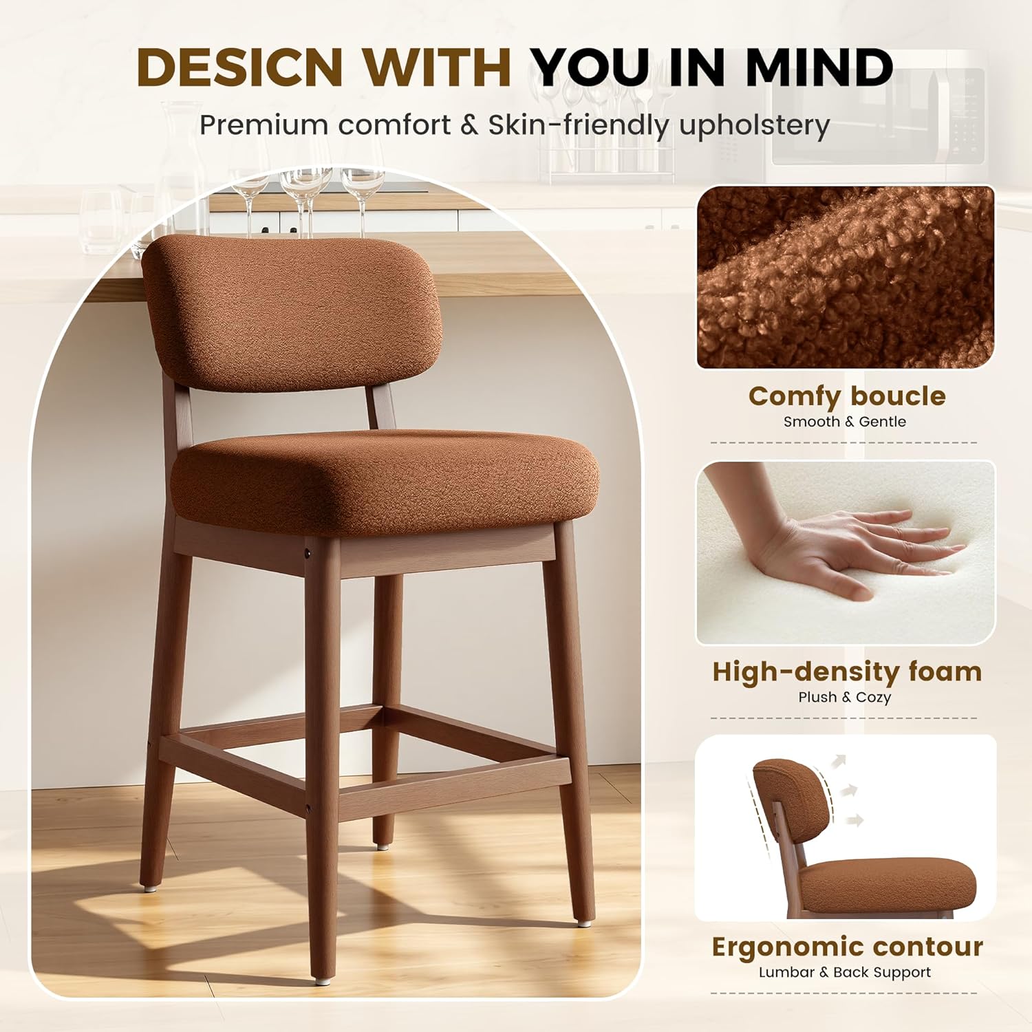 Counter Height Bar Stools Set of 2, Mid-Century Modern Boucle Bar Chairs with Solid Wood Frame, Upholstered Stools with Backrest for Kitchen Island, Home Bar, Caramel Brown