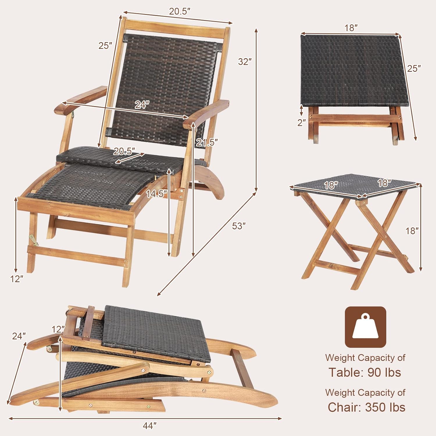 Tangkula Patio Lounge Chair and Side Table Set of 2, Acacia Wood Wicker Folding Table and Armrest Chair with Retractable Ottoman, Acacia Wood Outdoor Chaise Lounger for Garden, Backyard, Poolside (2)