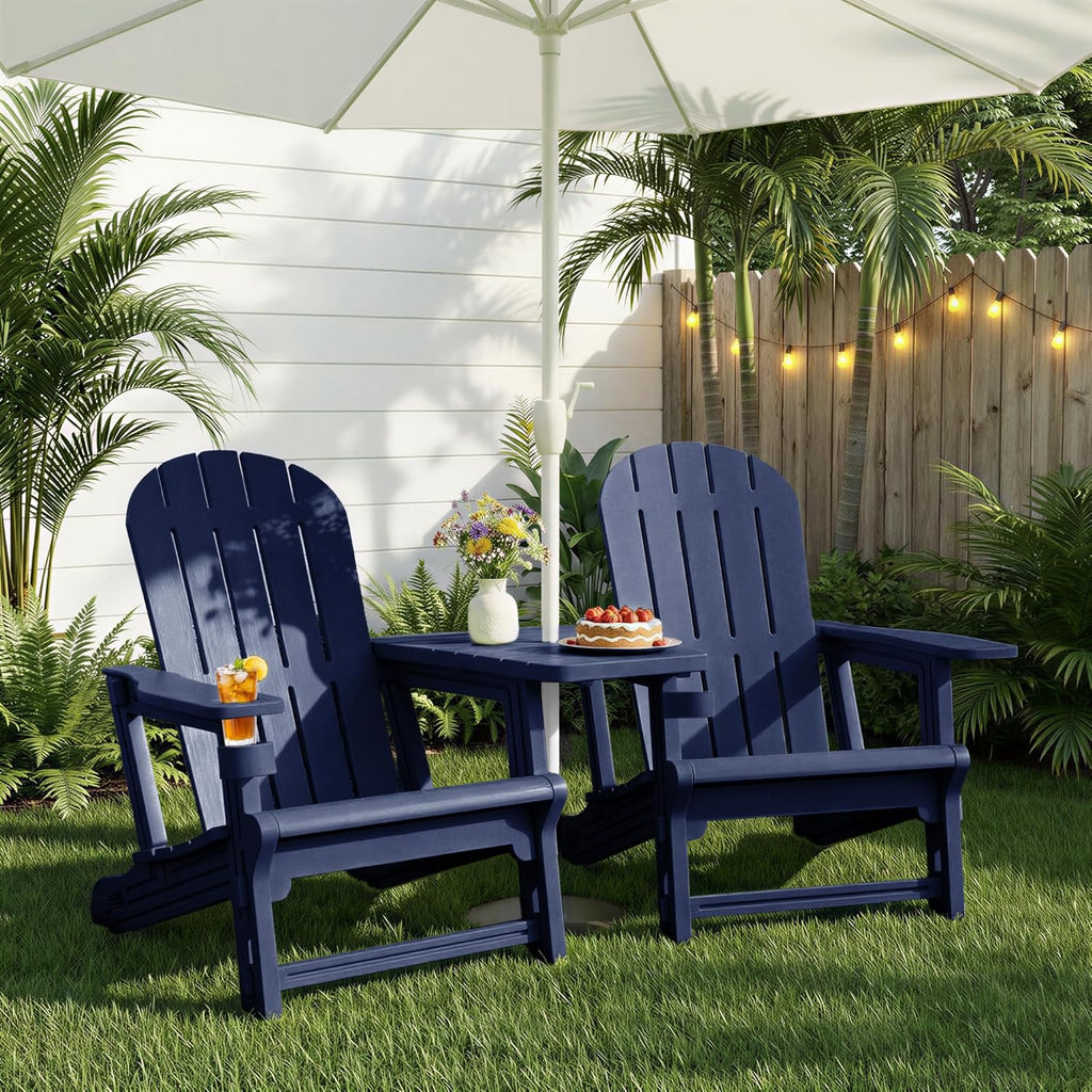 JY QAQA Outdoor Adirondack Chair Set of 2, All-Weather HDPE Patio Furniture with Detachable Table, Wood Texture & Cup Holder for Patio, Poolside, Garden, Dark Blue