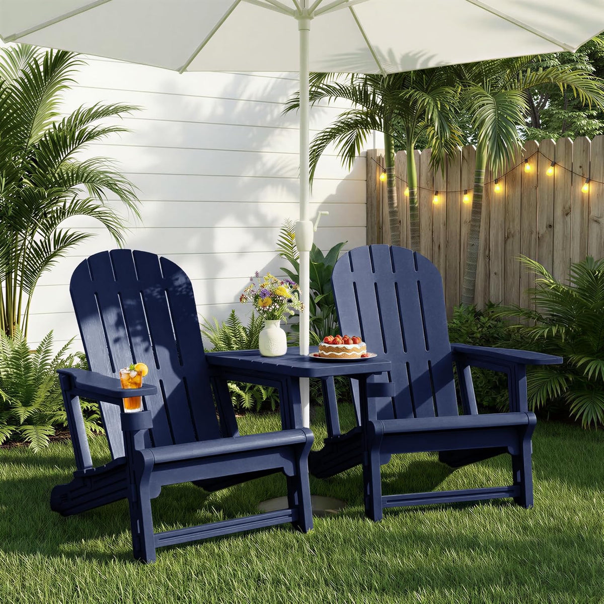 JY QAQA Outdoor Adirondack Chair Set of 2, All-Weather HDPE Patio Furniture with Detachable Table, Wood Texture & Cup Holder for Patio, Poolside, Garden, Dark Blue