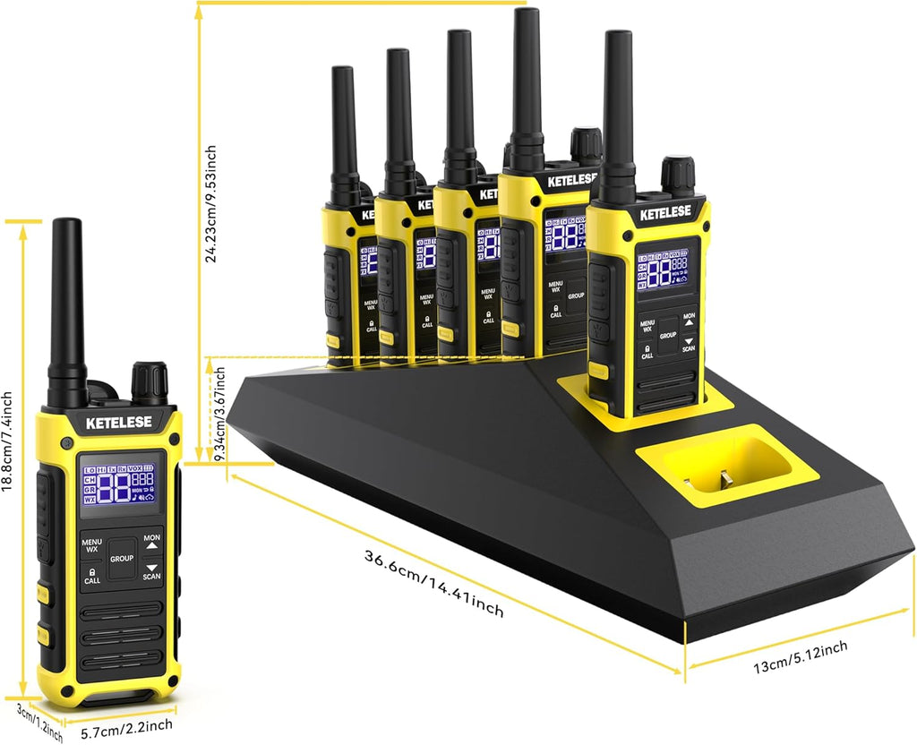 KETELESE T3F IP67 Waterproof Walkie Talkies, Rugged Two Way Radio with Earpiece, Triple Proof, Three Charging Options, FRS 2 Way Radio 22 Channels, NOAA, VOX (6 Pack), Black/Yellow