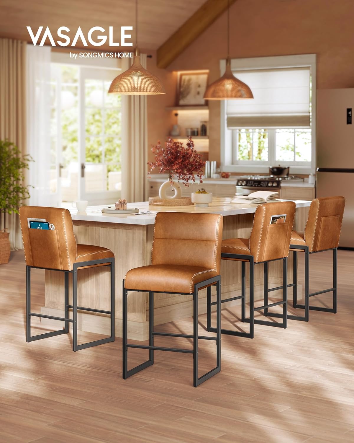 VASAGLE EKHO Collection - Bar Stools Set of 4, Counter Height Stools with Backs, 26.4-Inch Barstools Chairs, Synthetic Leather with Stitching, Mid-Century Modern, Dining Kitchen Island, Caramel Brown