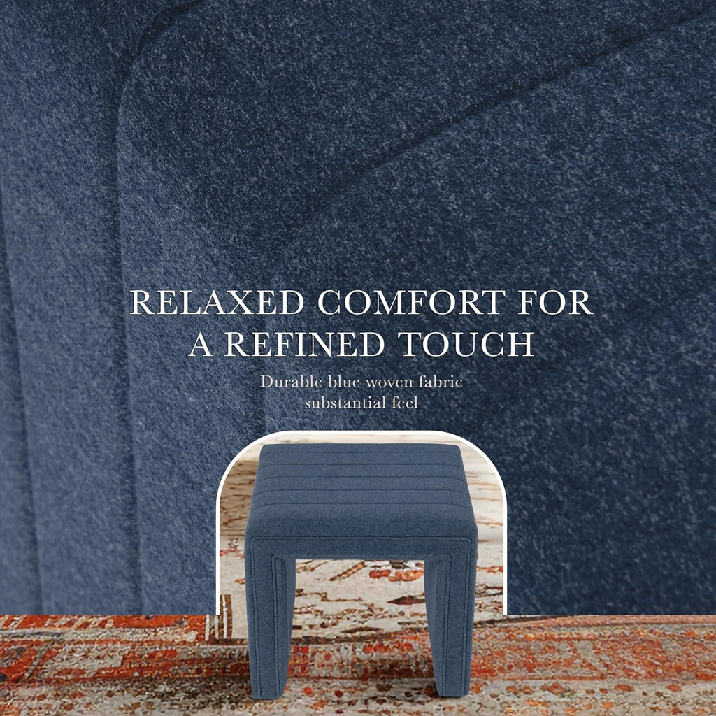 HomePop Modern Channel Tufted Ottoman|Homepop Home Décor|Ottoman for Living Room & Bedroom - Blue Woven Fabric