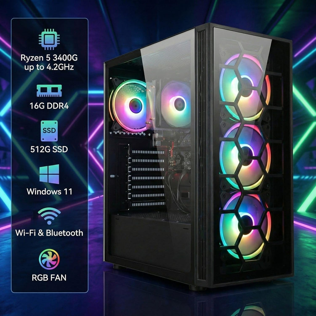 STGAubron RGB Desktop PC Computer, AMD Ryzen 5 3400G up to 4.2GHz, 16G DDR4, 512G SSD, WiFi 6 & BT 5.2, RGB Fan x4, Windows 11 Home
