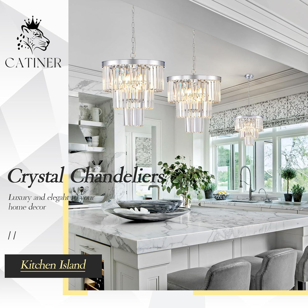 CATINER Modern Chrome Crystal Chandeliers 16" Small Pendant Light Luxury 3 Tiers 6-Light K9 Crystal Ceiling Pendant Round Light Fixture for Dining Room Entryway Kitchen Bedroom Closet