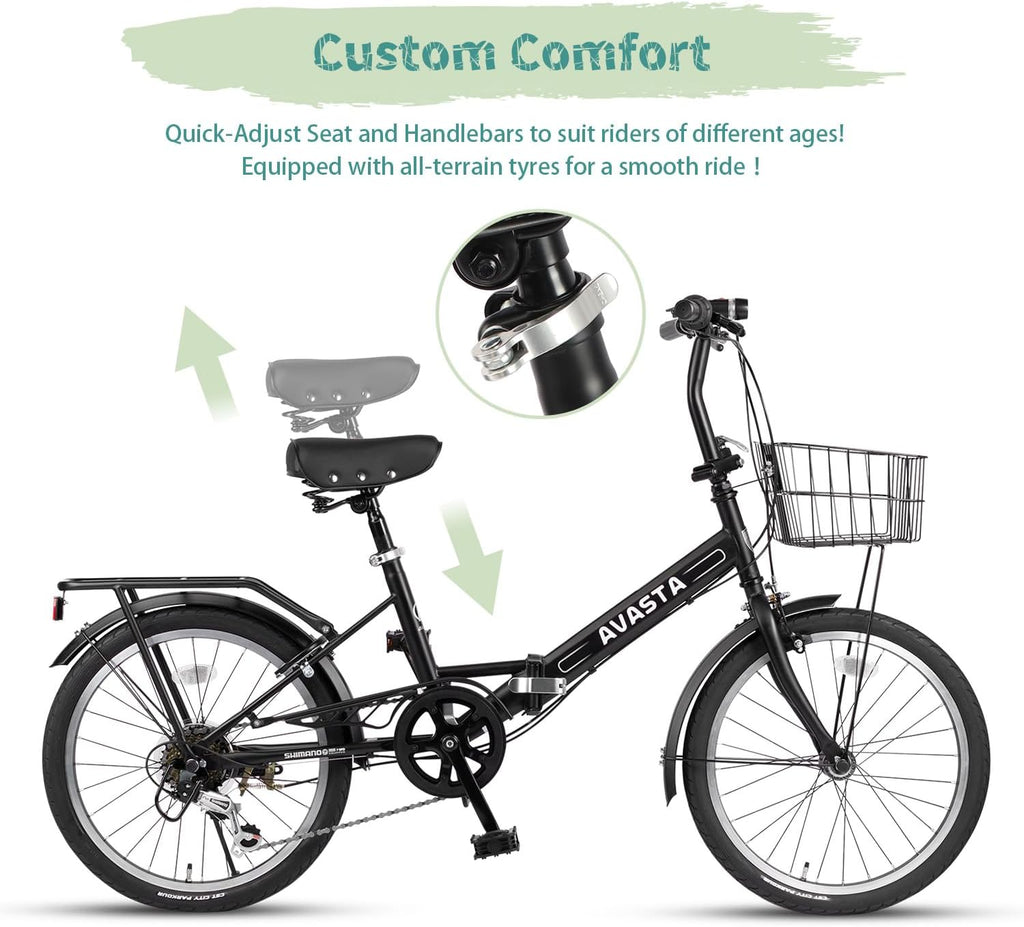 AVASTA Quartet 20 24 Inch Folding Bike with 7-Speed, Dual C-Brake, Fender, Rear Rack and Bicycle Basket, Mutiple Colors