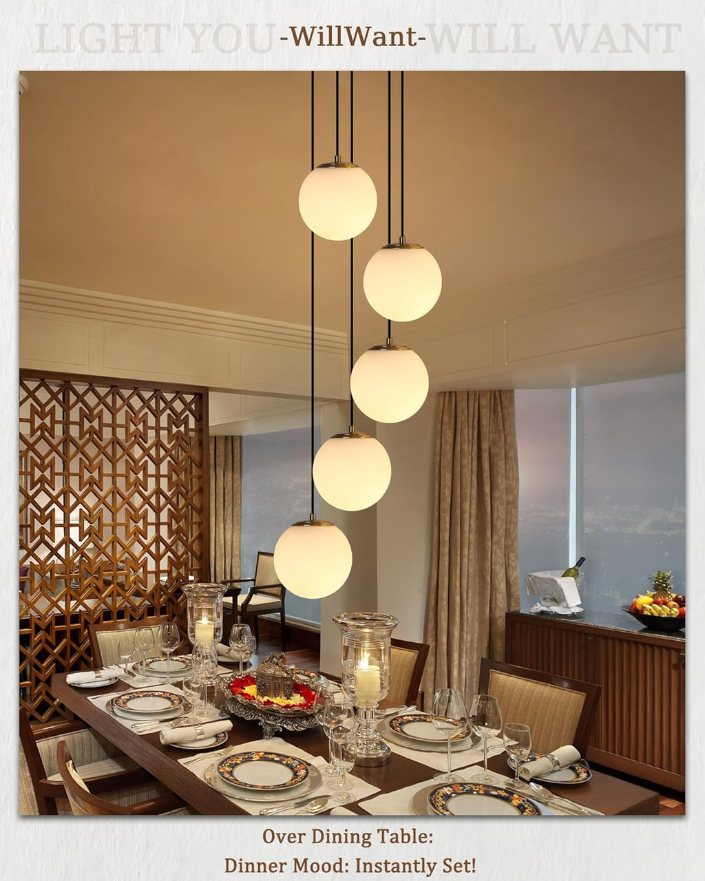 5-Light Globe Chandelier Cluster Pendant Lights, Mid Century Brushed Brass Gold Chandelier with Milk Glass Shade, Adjustable Hanging Cord Ceiling Light for Living Dining Room Staircase