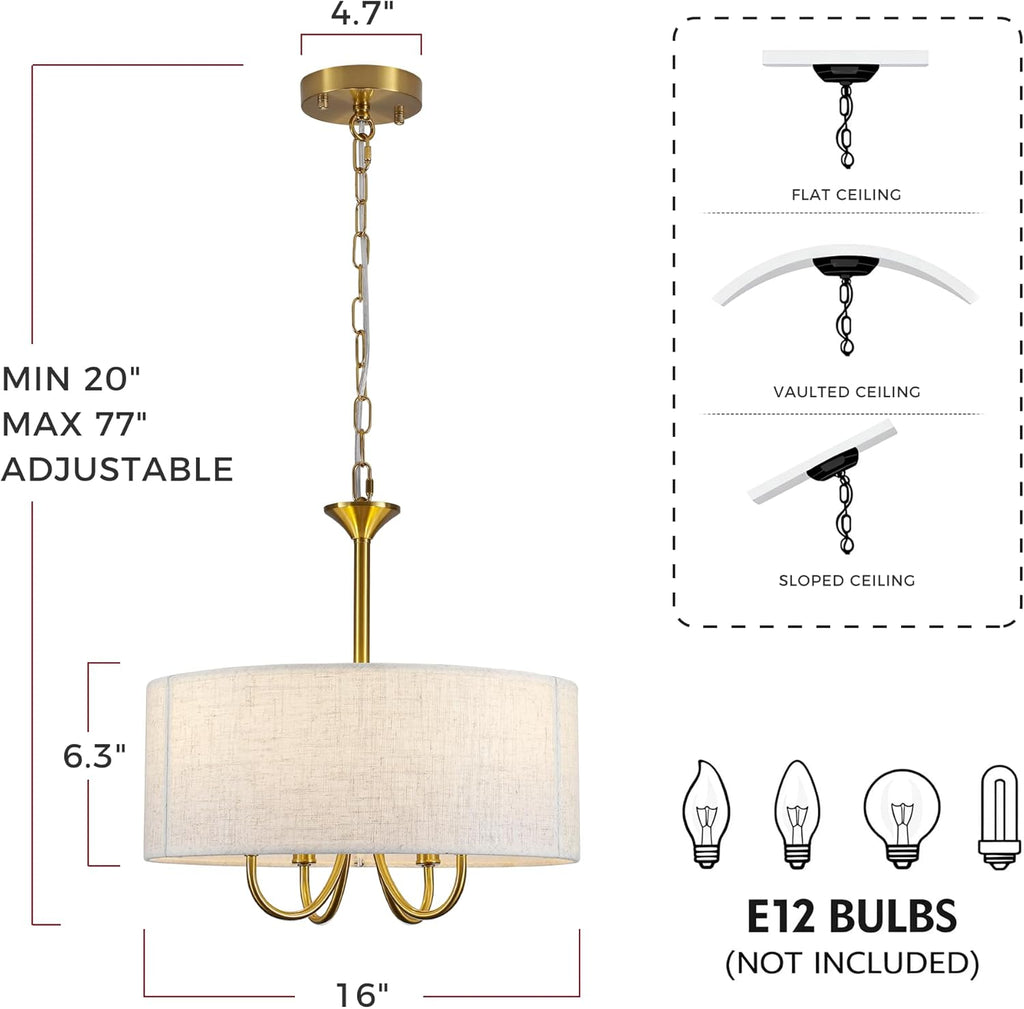 Drum Chandelier for Dining Room, 4-Light Modern Farmhouse Gold Chandelier with Linen Drum Shade, 16" Hanging Pendant Ceiling Light Fixture for Kitchen Island Bedroom Living Room