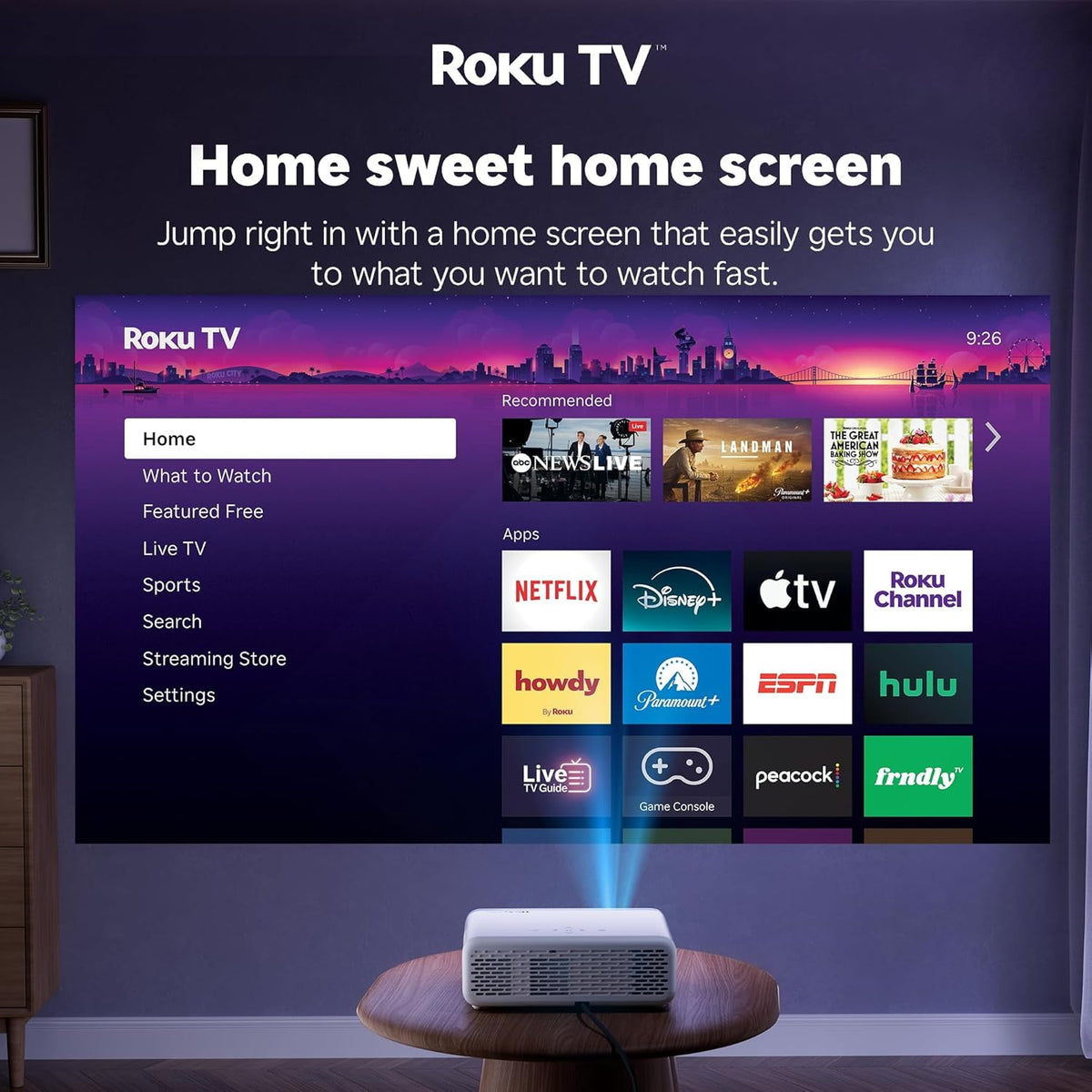 Aurzen Roku TV Smart Projector with Wifi and Bluetooth, Roku Streaming Experience Built-in, 1080P FHD, DoIby Audio, Auto Focus & Keystone, Zoom, Movie Portable Outdoor Mini Projector, White