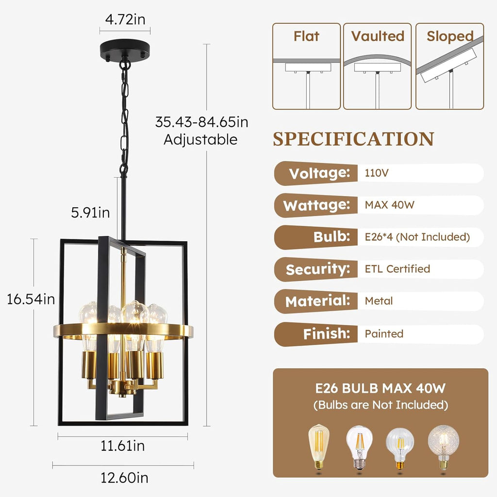 Small Black and Gold Chandelier for Dining Room, 4-Light Modern Pendant Lights Adjustable Geometric Industrial Rustic Foyer Lighting Fixtures for Entryway Living Room Kitchen Island Hallway