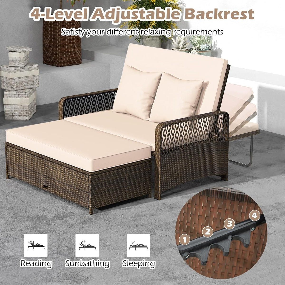 Tangkula Patio Rattan Daybed with 4-Level Adjustable Backrest, 2-Person Outdoor Wicker Loveseat with Storage Ottoman & Soft Cushions, Double Sunbed Lounger for Backyard, Porch, Poolside (Beige)