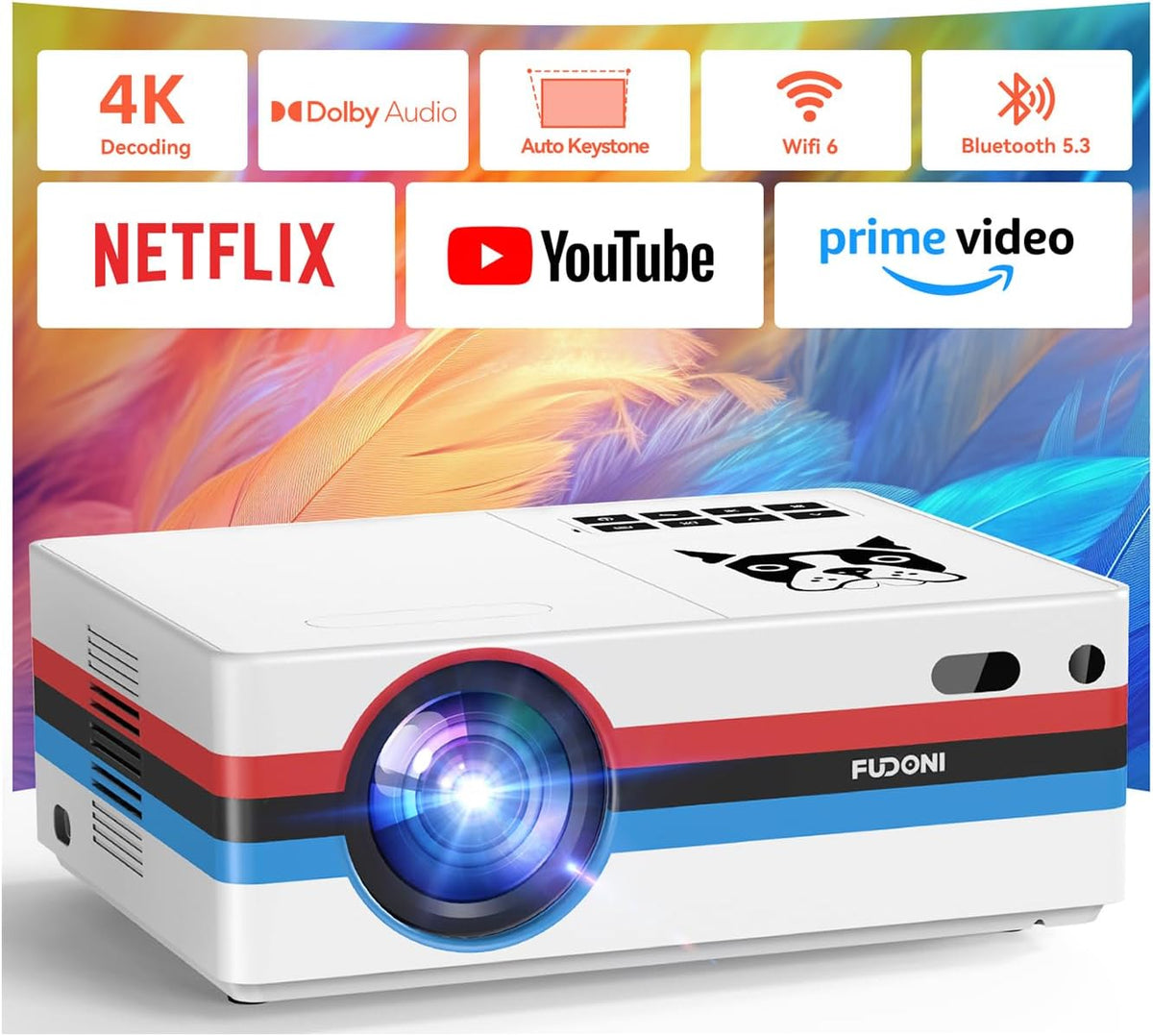 Compatible with Netflix, 2000 ANSI Smart Projector with WiFi 6 and Bluetooth 5.3, Electric Focus Auto Keystone, Native 1080P Outdoor Movie Projector with PrimeVideo/YouTube, for HDMI/USB/iOS/Android