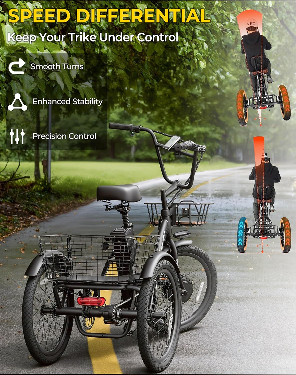 Skeri Electric Trike, Peak 1000W Electric Tricycle for Adults, 20" Folding 3-Wheel Electric Bike, Step-Thru E Trike with 624WH Removable Battery and Large Basket, Black