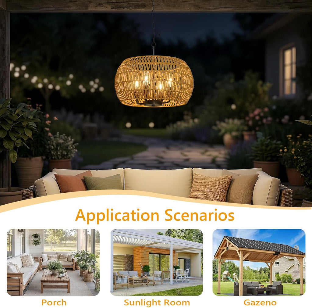 Solar Lights Outdoor Chandelier with Remote & Dimmable LED Bulb, Rattan Solar Powered Outdoor Lights for Patio, Indoor Boho Hanging Pendant Light Fixture, Garden Lights for Porch Gazebo Patio Yard