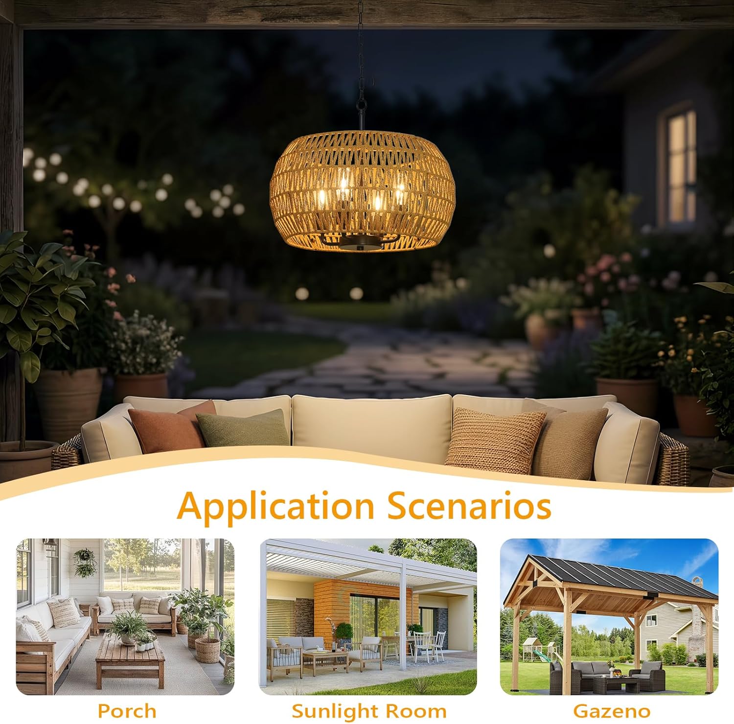 Solar Lights Outdoor Chandelier with Remote & Dimmable LED Bulb, Rattan Solar Powered Outdoor Lights for Patio, Indoor Boho Hanging Pendant Light Fixture, Garden Lights for Porch Gazebo Patio Yard