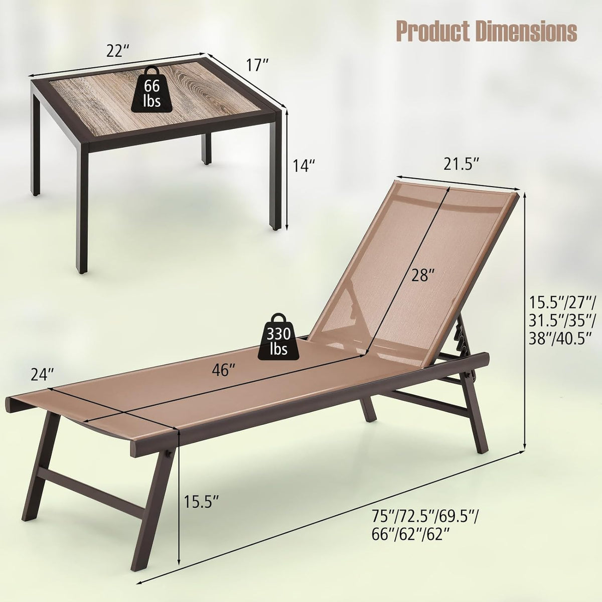 Tangkula 3 Piece Patio Chaise Lounge Set, Aluminum Patio Recliner with Coffee Table, 6-Level Backrest Adjustment, Outdoor Lounge Chair & Side Table Set for Poolside, Backyard (Brown)