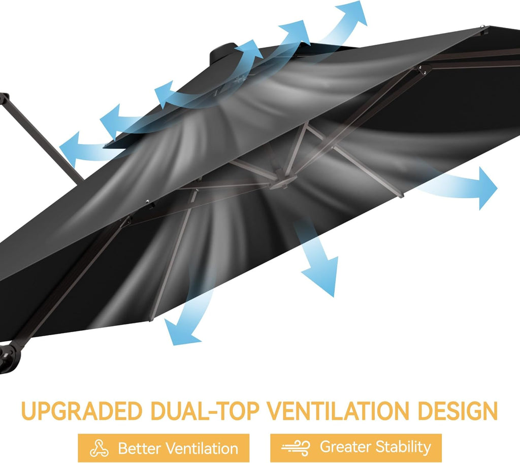 10x10 FT Patio Umbrella with Base, Large Cantilever Double Top Heavy Duty Offset Umbrellas with 360° Rotation, Outdoor shade for Garden Deck Pool, Grey
