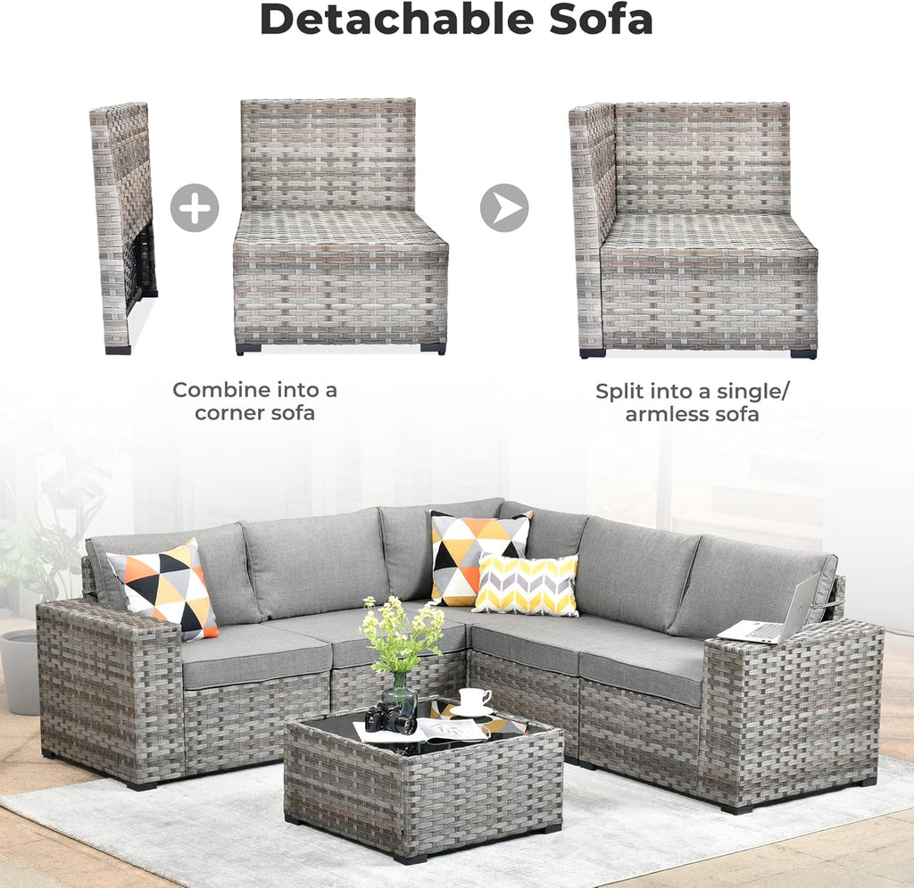 ovios 6 Pieces Patio Furniture Set, Outdoor Wicker Sectional Sofa with Coffee Table Comfy Cushions, Modern Modular Deep Seat Couch Rattan Conversation Set, Dark Grey
