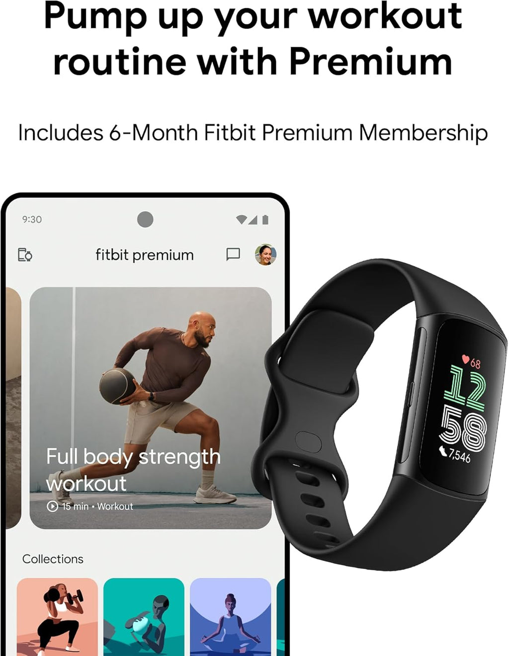 Fitbit Charge 6 Fitness Tracker with Google apps, Heart Rate on Exercise Equipment, 6-Months Premium Membership Included, GPS, Health Tools and More, Obsidian/Black, One Size (S & L Bands Included)
