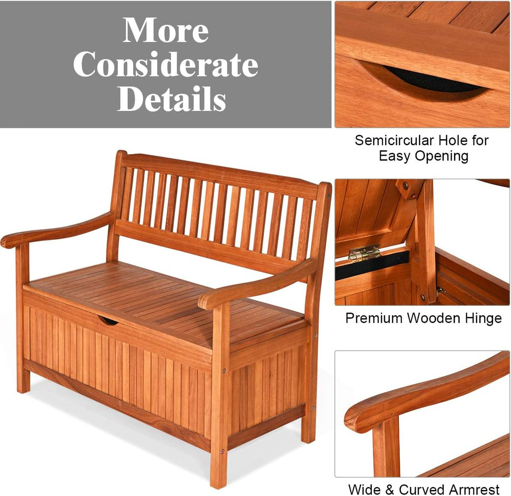 Tangkula Outdoor Wood Storage Bench Deck Box, Entryway Porch Storage Bench with Inner Removable Dust-Proof Lining & Portable Handles, Eucalyptus Wood Loveseat for Garden, Lawn, Balcony & Yard