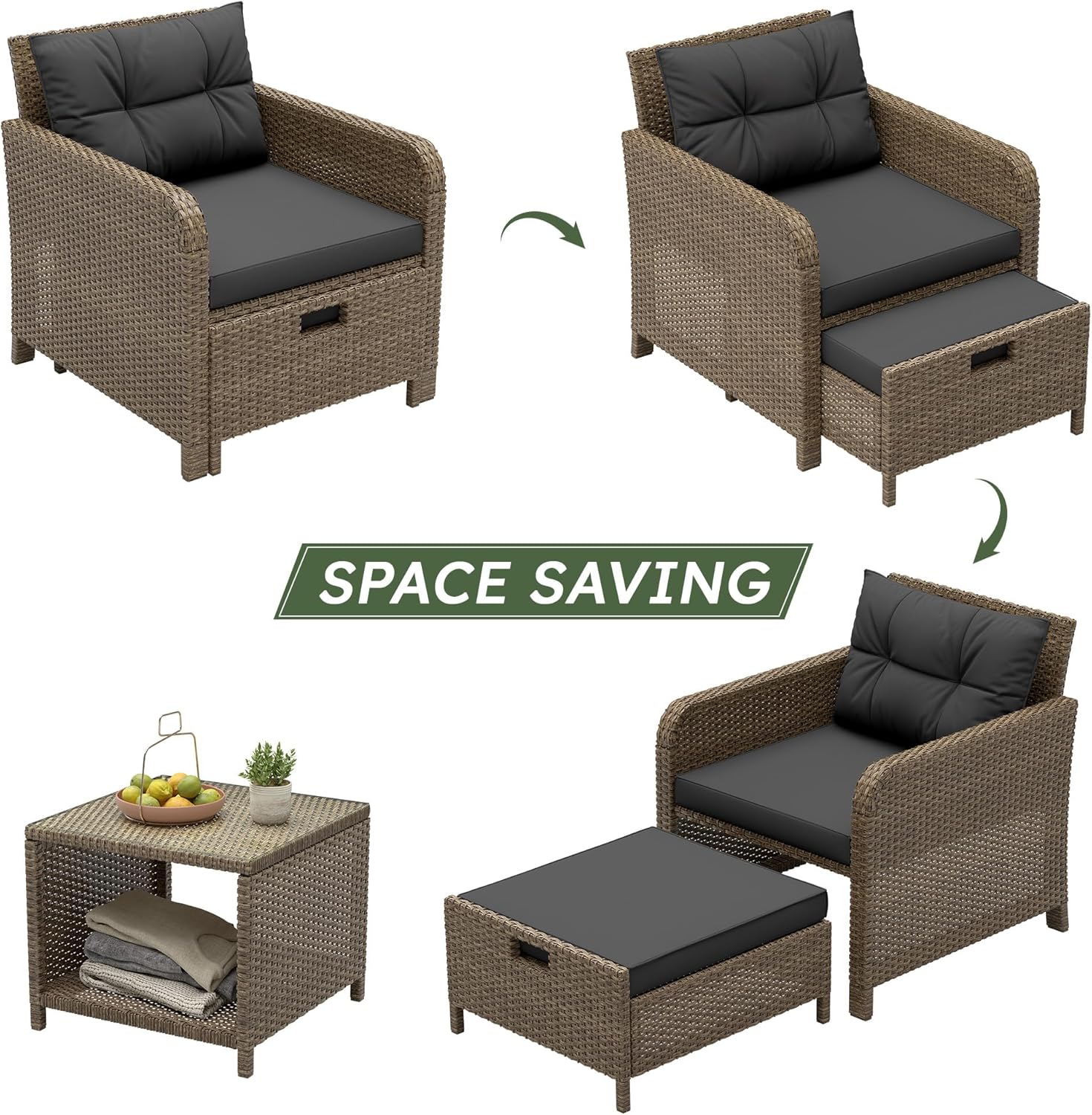LHBcraft Balcony Furniture 5 Piece Patio Conversation Set, PE Wicker Rattan Outdoor Lounge Chairs with Soft Cushions 2 Ottoman-Glass Table for Porch